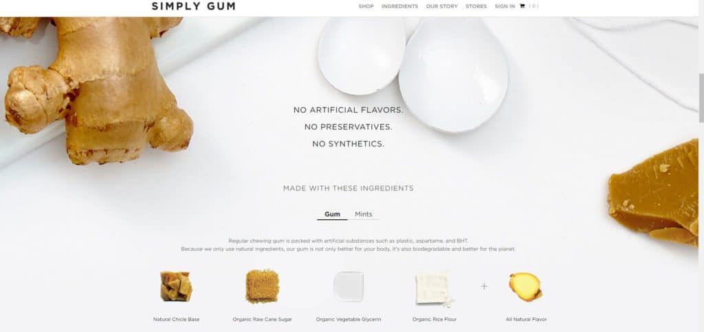 Simply Gum looks to leverage a fashion-oriented website design to stand out from the competition