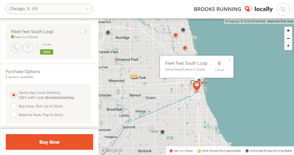Brooks Running launches same day delivery. Photo of Chicago screenshot for same day Brooks Running delivery