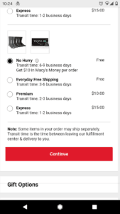 Screenshot of Macy's shipping options including a $10 Macy's Money gift card when selecting No Hurry shipping for free.