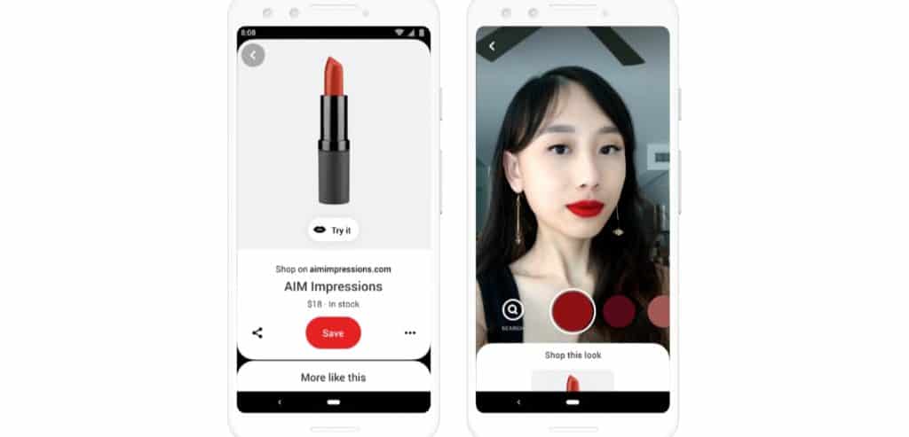 On Pinterest’s mobile app, shoppers can use augmented reality try on various lipstick shades via the visual social media company’s Lens smart camera.