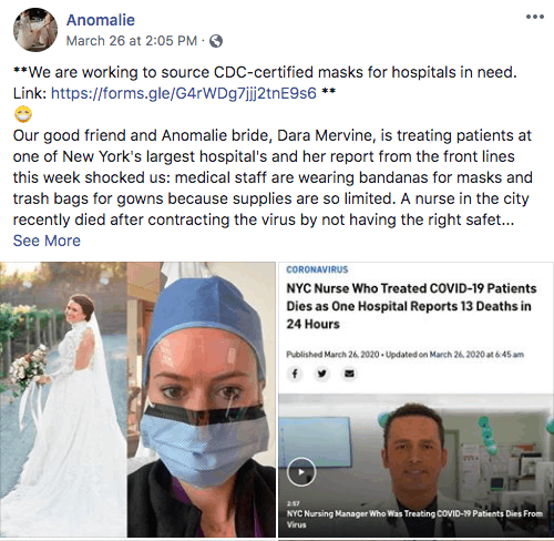Image of Anomalie Facebook post promoting their GoFundMe to supply face masks to healthcare workers battling the coronavirus in 2020.