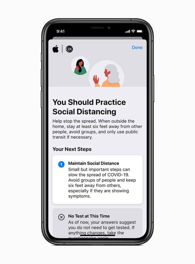 Screenshot of the Apple COVID-19 app which cautions people to use social distancing during the coronavirus outbreak of 2020.