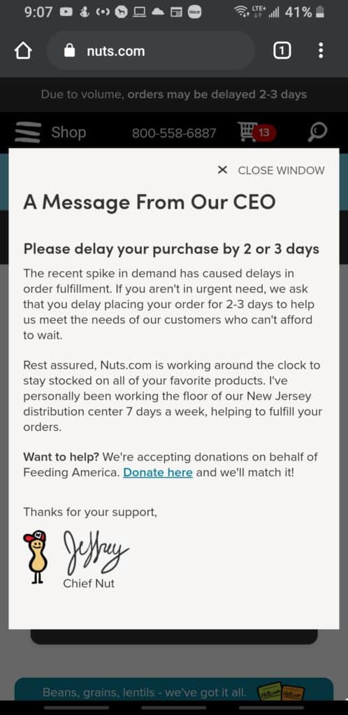 Note from Nuts.com CEO Jeffrey Braverman asking shoppers to delay non-essential purchases. coronavirus