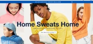 Image of tailored COVID-19 marketing on Gap.com’s homepage. Image reads "Home Sweats Home" over a picture of four consumers in sweat clothing. 