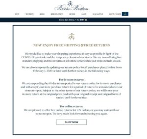 Brooks Brothers prominently updates shoppers on its modified policies. The image shows the large return policy update.