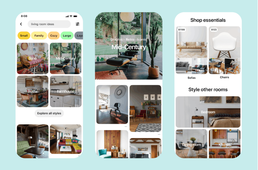 Pinterest's new shopping guides showcase curated content which appears after users search for home-related terms.