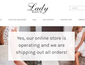 Ladyblacktie.com's homepage fulfillment announcement