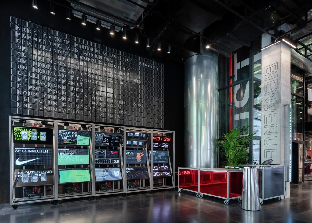 Wall of data called the Mission Control wall at Nike Paris