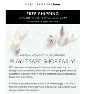 Pottery Barn urgers consumers to shop early in an email.