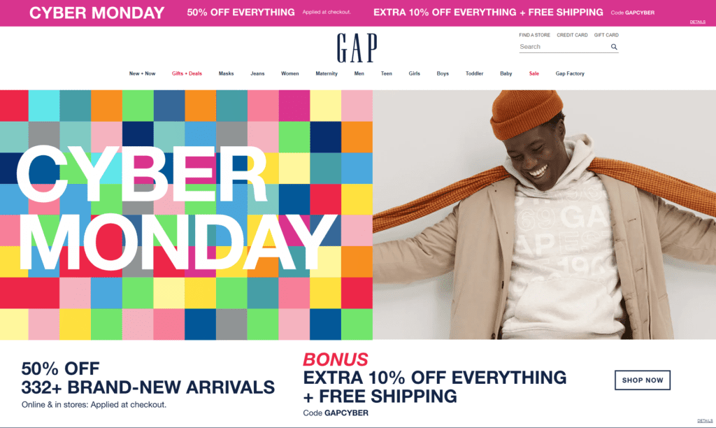 Gap's homepage promotes Cyber Monday sales.