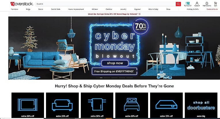 Overstock's homepage theme reflects Cyber Monday sales.