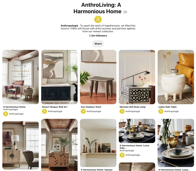 Image includes Anthropologie's Pinterest catalogue of its home goods items, including furniture, lights and more. 