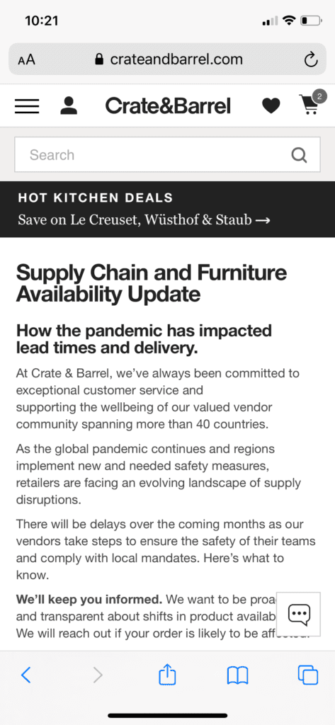 Crate & Barrel discusses supply chain issues on its website on Sept. 19.