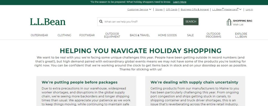 L.L. Bean dedicates a page on its site discussing its supply chain issues