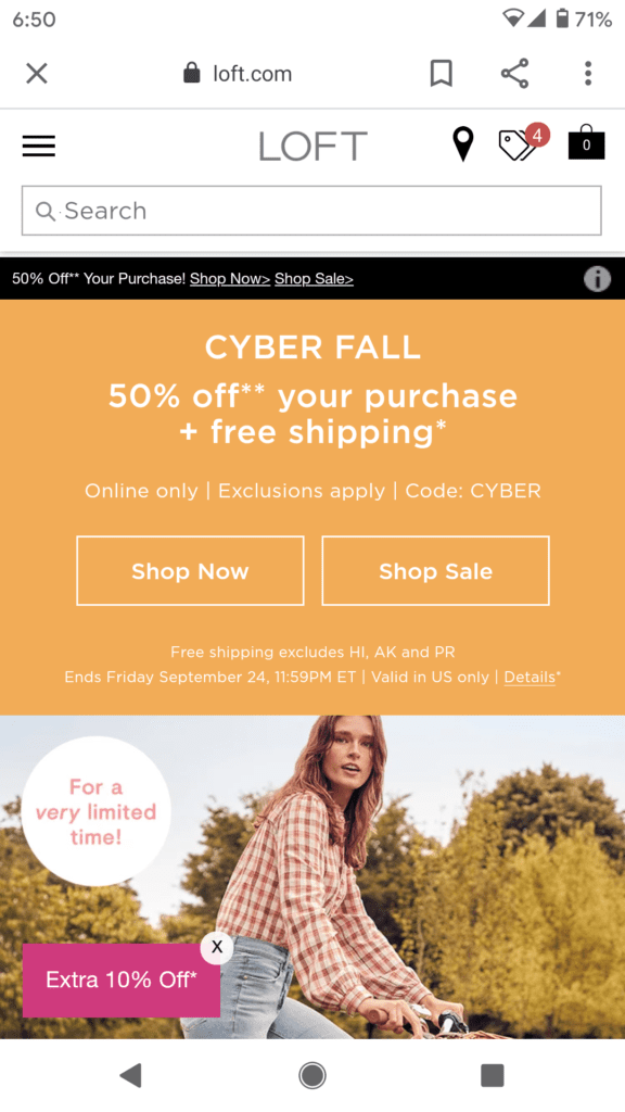 Loft.com advertises a "Cyber Fall" sale in September. 