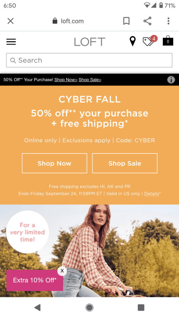Loft.com advertises a "Cyber Fall" sale in September.