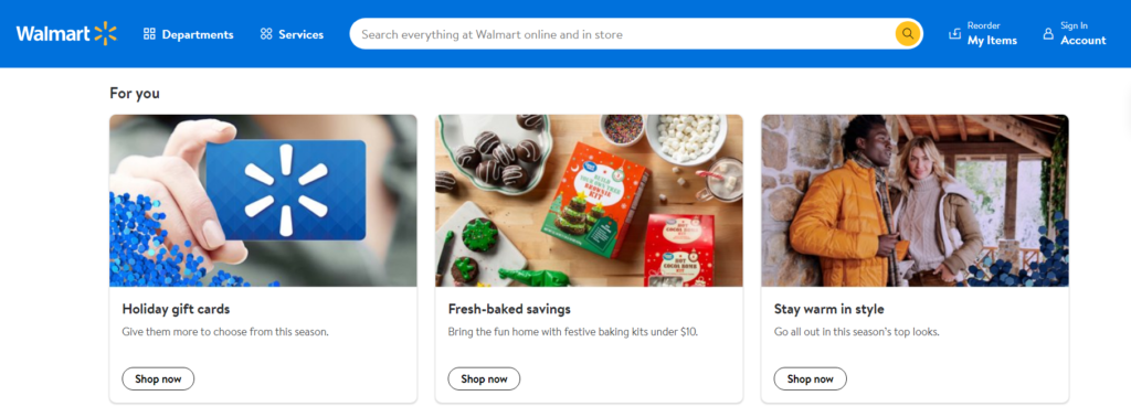 Walmart.com promotes gift cards at the top of its homepage on Dec. 15.