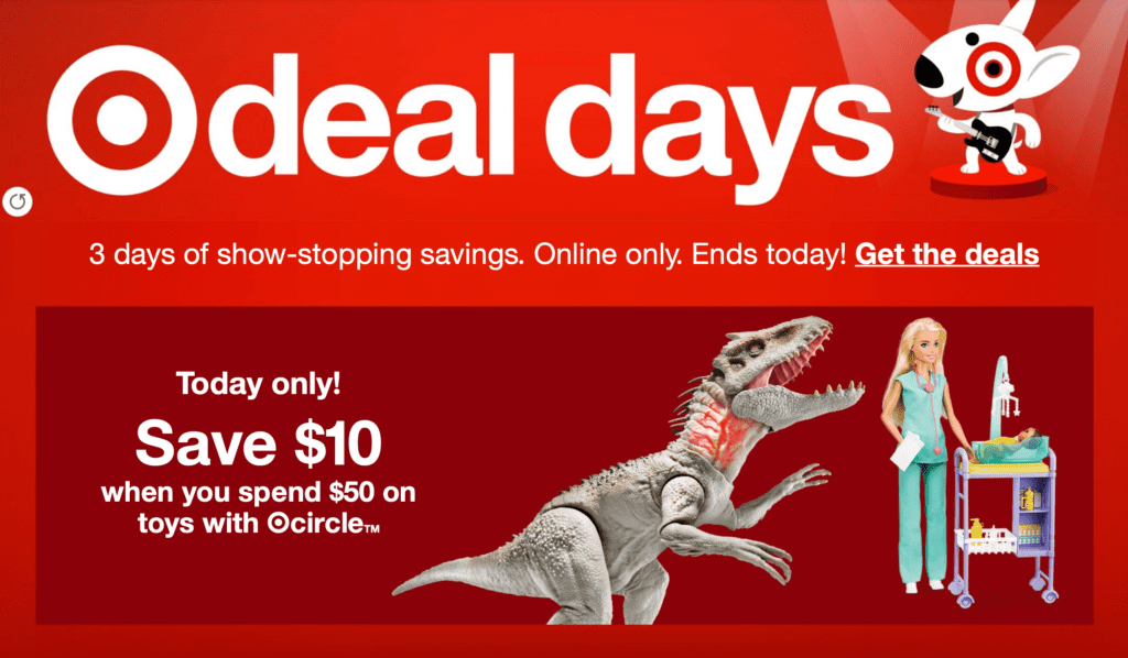 Target's home page on july 13 2022 with text "Deal Days 3 days of show-stopping savings"