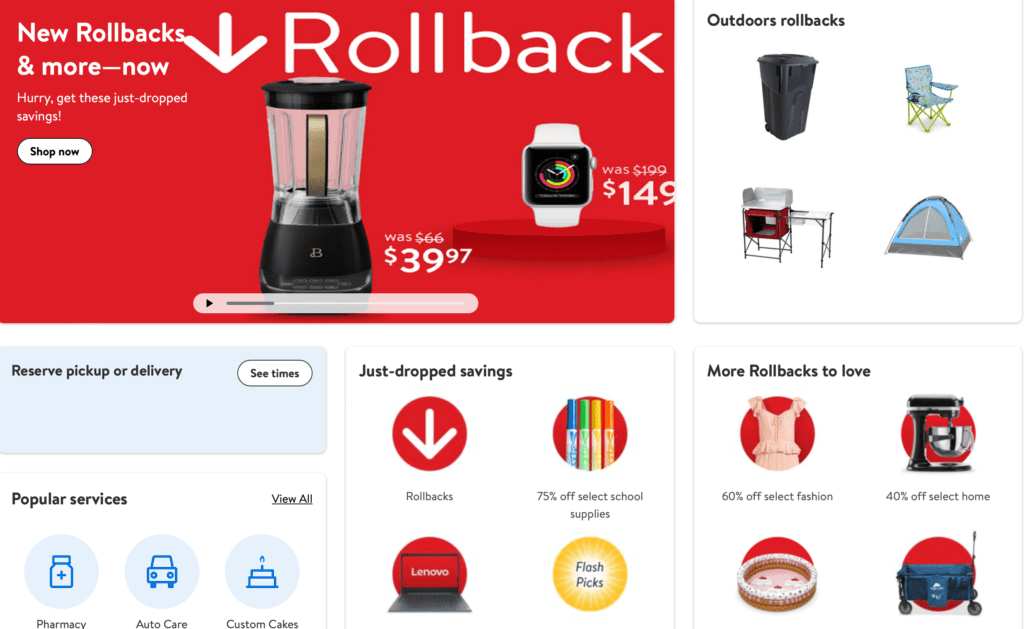 Walmart's homepage on Prime Day 2022, with "Rollback" section and no other deals mentioned really 