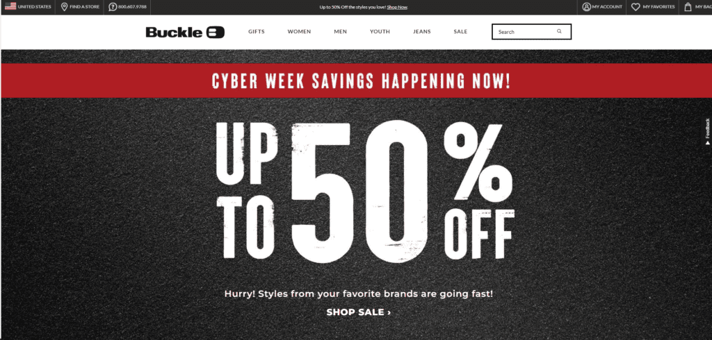 Buckle advertises sales all week on its homepage.