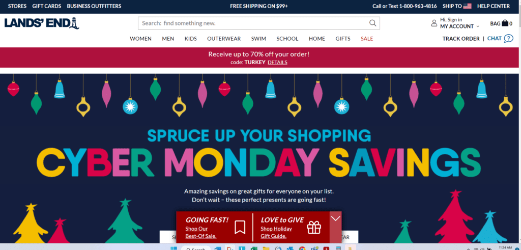 Landsend.com's homepage on Cyber Monday.