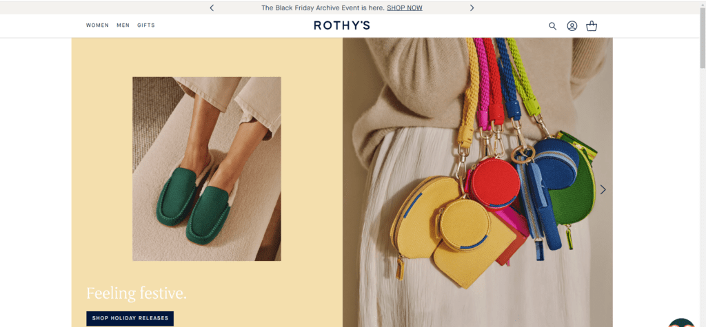 The Rothy's site with a banner at the top linking to the Black Friday Archive Event, but below is product photos with a winter but not holiday theme.
