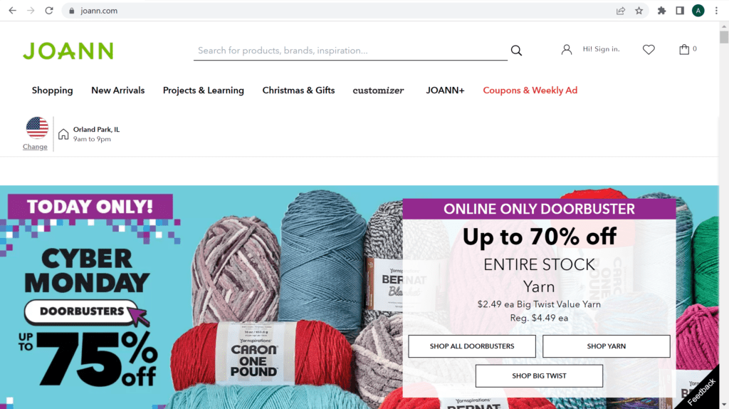 Joann.com's homepage on Cyber Monday.