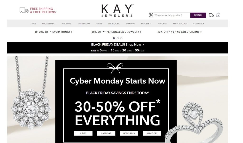 Kay.com promotes both Black Friday and Cyber Monday.