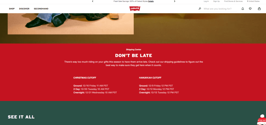 Levi's holiday shipping deadlines