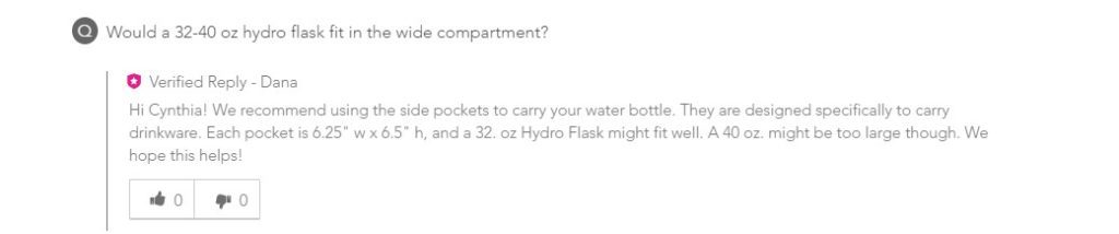 A customer service agent responds to an extact dimension request for a water bottle.