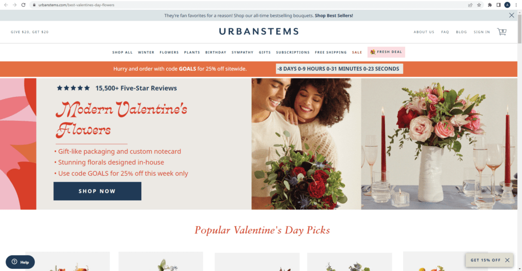 UrbanStems created a specific landing page with a countdown timer for Valentine’s Day for shoppers visiting the retailer after clicking on a Facebook or Instagram ad.