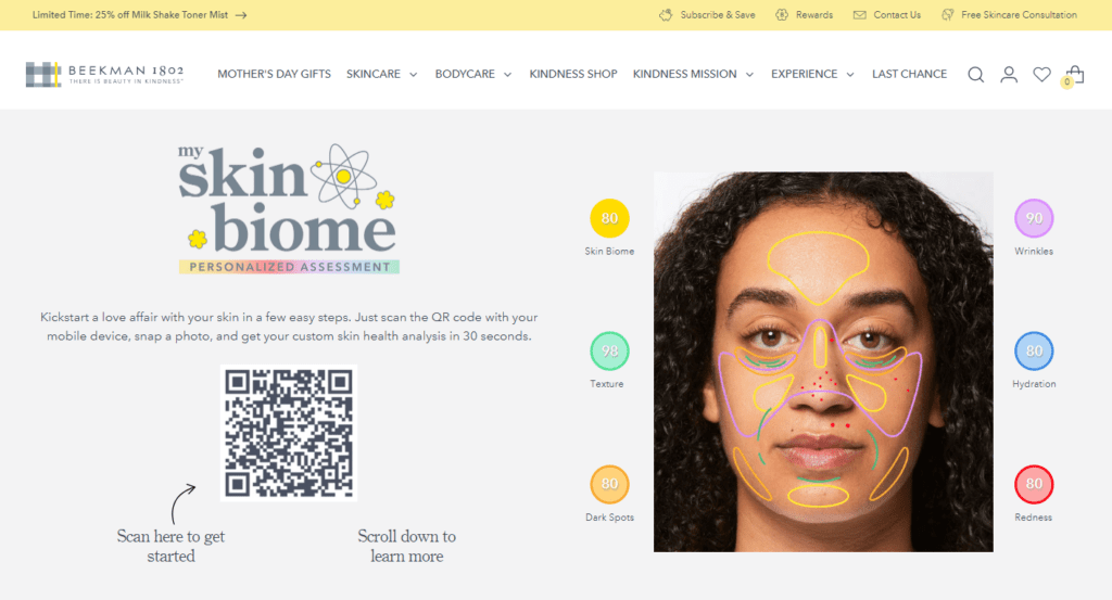 Beekman 1802 provides a QR code on its desktop website that shoppers can scan to access the My Skin Biome tool on their phones.