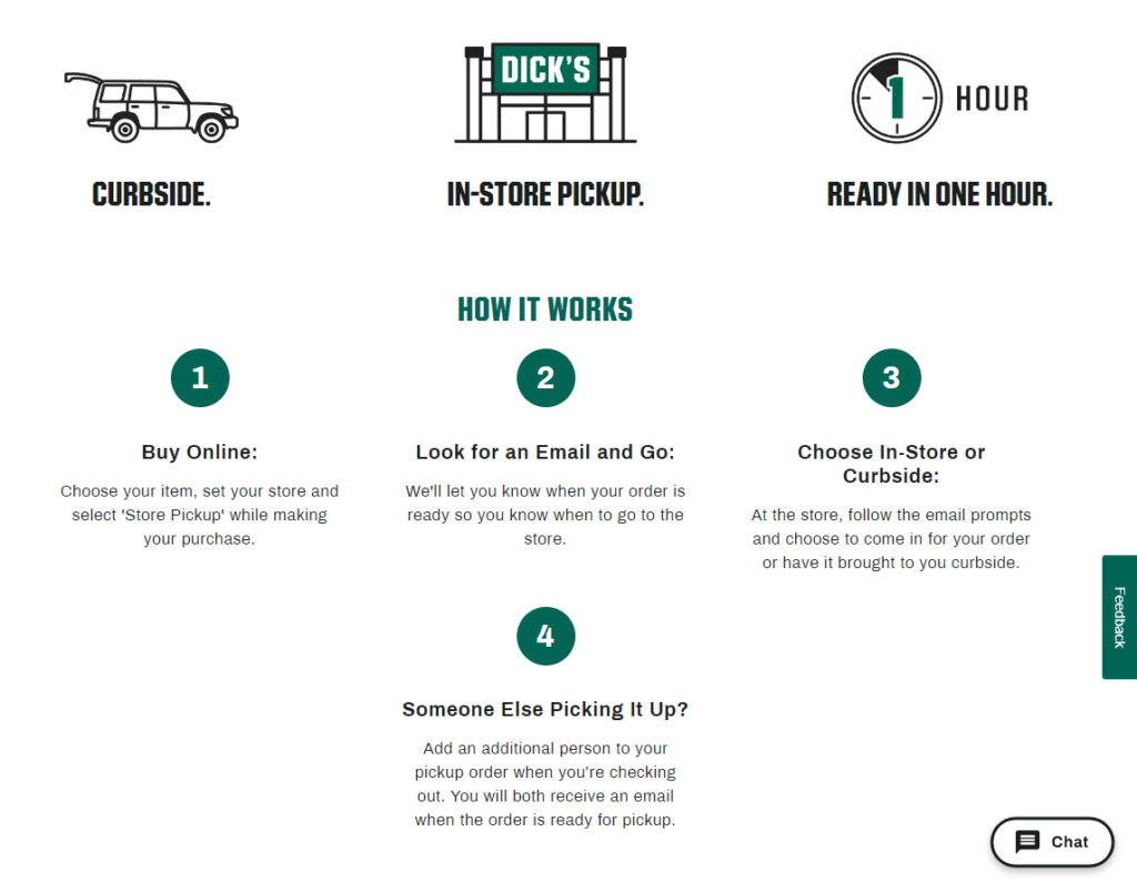 Athletics retailer Dick’s Sporting Goods displays instructions on its website for store-pickup options. 