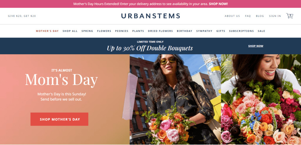 The UrbanStems homepage, captured Friday, May 12, shows a Mother's Day promotion of up to 30% off for double bouquets.