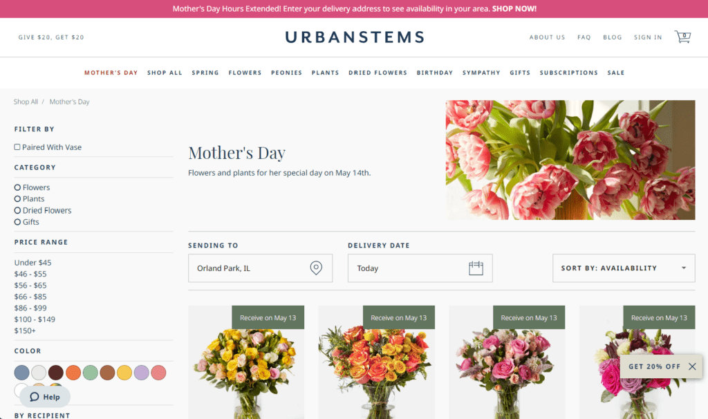 The UrbanStems Mother's Day product landing page on May 12 shows how soon shoppers can receive bouquets.