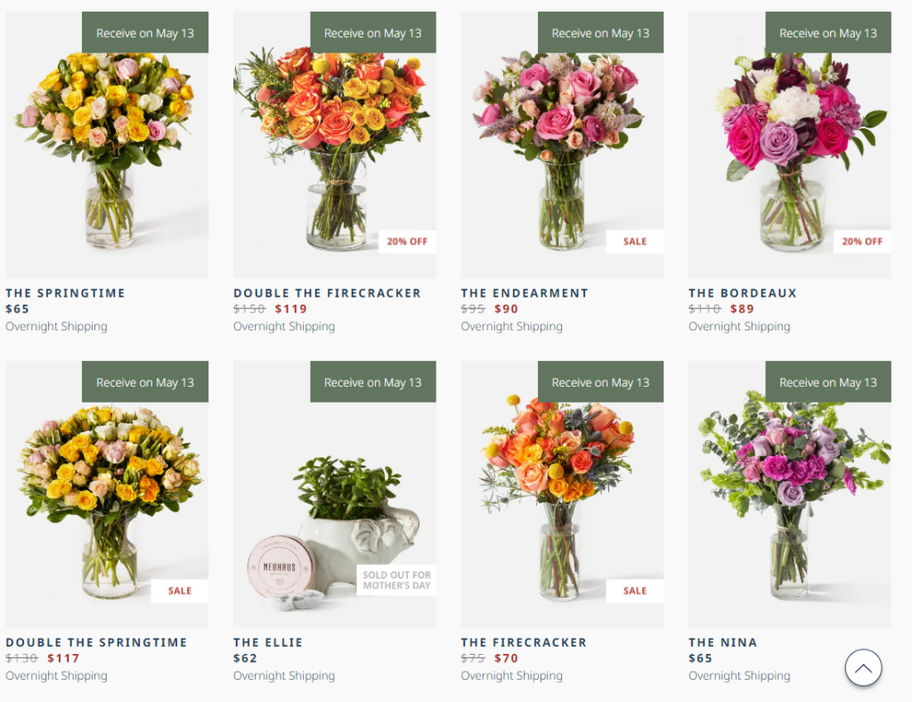 The UrbanStems Mother's Day product landing page on May 12 shows discounts, overnight shipping options and an out-of-stock bouquet.