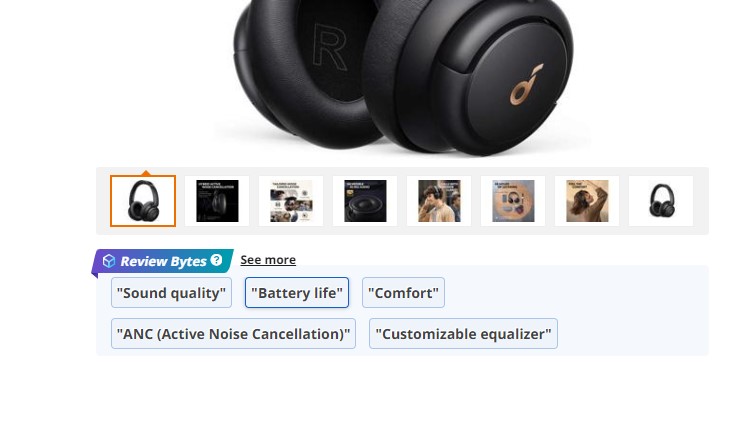 Newegg’s new generative AI review tool highlights positive keywords from customer reviews immediately beneath the product image, called Review Bytes.