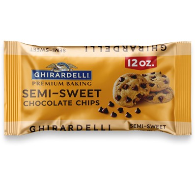 Vizit’s AI technology scores Ghirardelli's package image on right right low compared to the one on the right with the chocolate chips bursting off the package and the 12 Oz. bag size in a bigger font size.