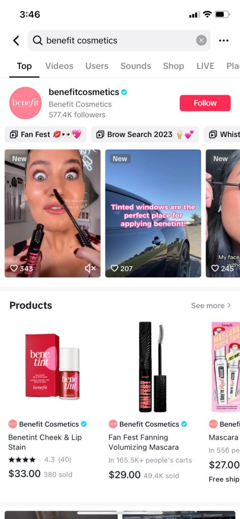 In addition to using the TikTok Shop for sales, Benefit Cosmetics has a TikTok page to teach consumers about its beauty products and tools.