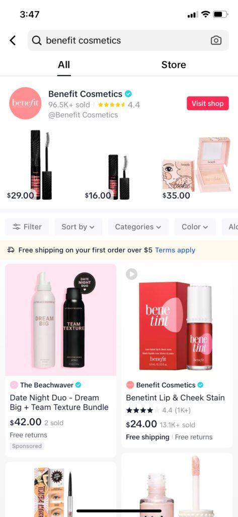 Benefit Cosmetics displays its products on TikTok Shop, where it has sold more than 96,500 items.