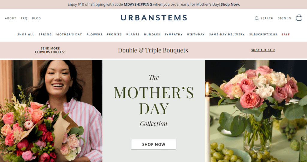 UrbanStems promotes its Mother's Day collection April 25 on its homepage.