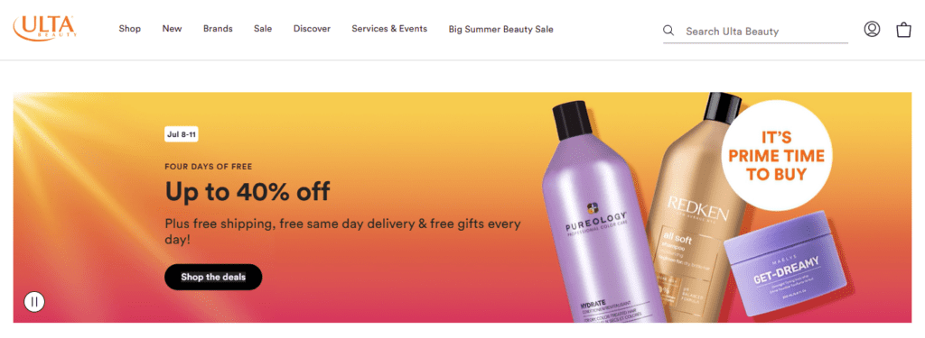 Ulta displays a promotion on its ecommerce website on July 10, coinciding with Amazon's four-day Prime Day 2025 event.