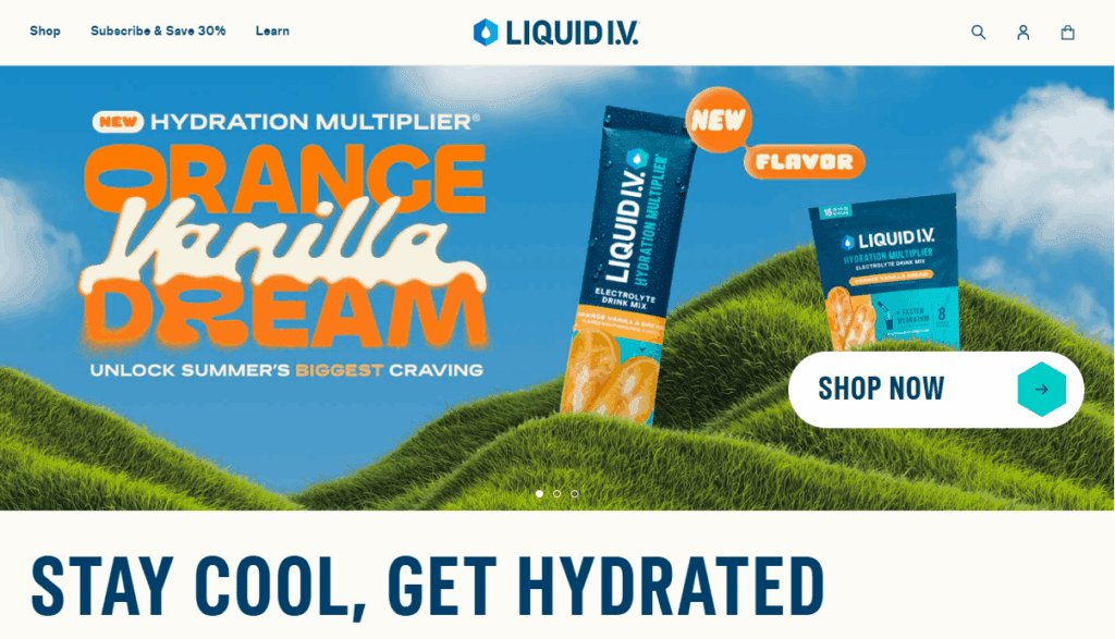 The Liquid I.V. homepage, shown on July 24, highlights a new flavor: Orange Vanilla Dream.