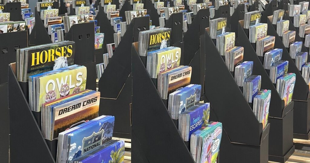 Calendars lined up at TF Publishing’s warehouse in Indianapolis. | Image credit: TF Publishing