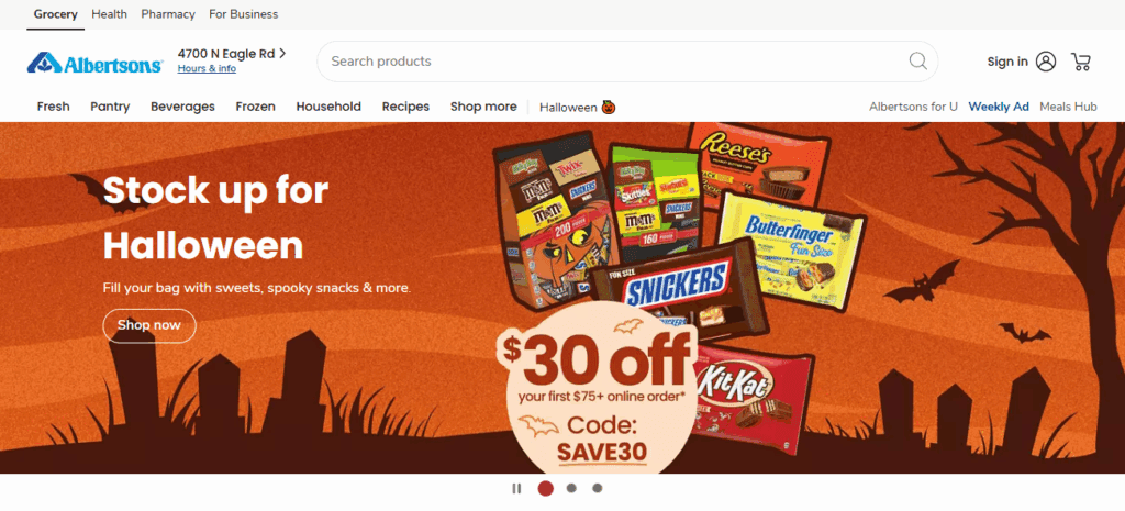 Albertsons ecommerce (digital) sales grew at more than 10x the rate of its total sales and revenue in its fiscal Q2 2025. | Image credit: Albertsons homepage, Oct. 15, 2025