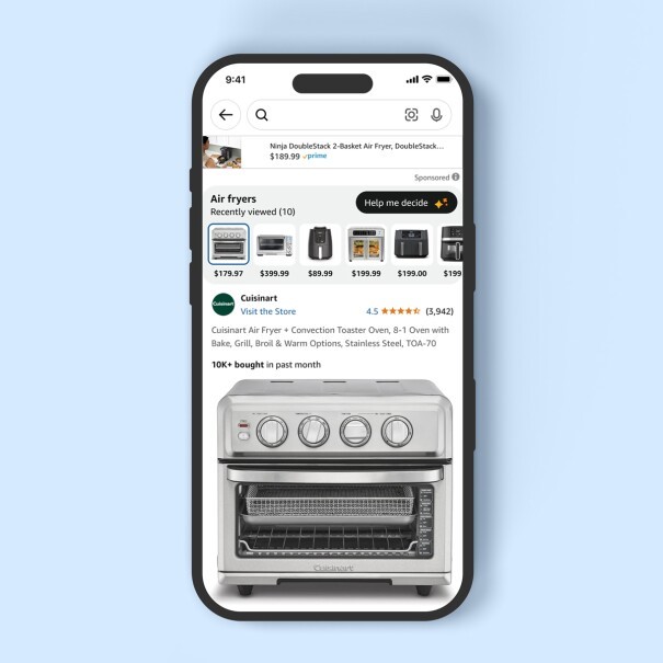 The button to use the "Help Me Decide" AI appears at the top of a user's page after they've viewed multiple products that are similar. | Image credit: About Amazon 