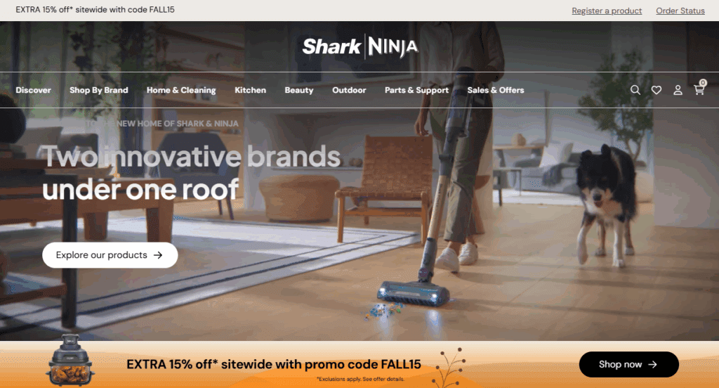 The new SharkNinja DTC ecommerce site, which features a Salesforce-powered AI agent, unifies the company's two brands. | Image credit: SharkNinja homepage, Oct. 13