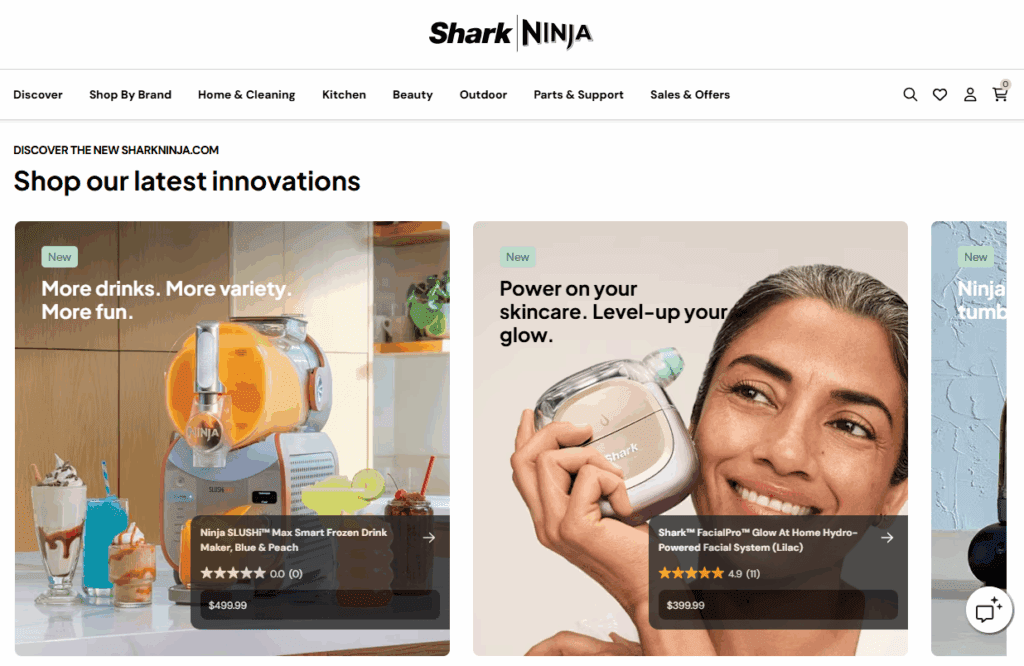 SharkNinja displays products from both its brands on its new direct-to-consumer (DTC) ecommerce website. | Image credit: SharkNinja homepage, Oct. 13, 2025