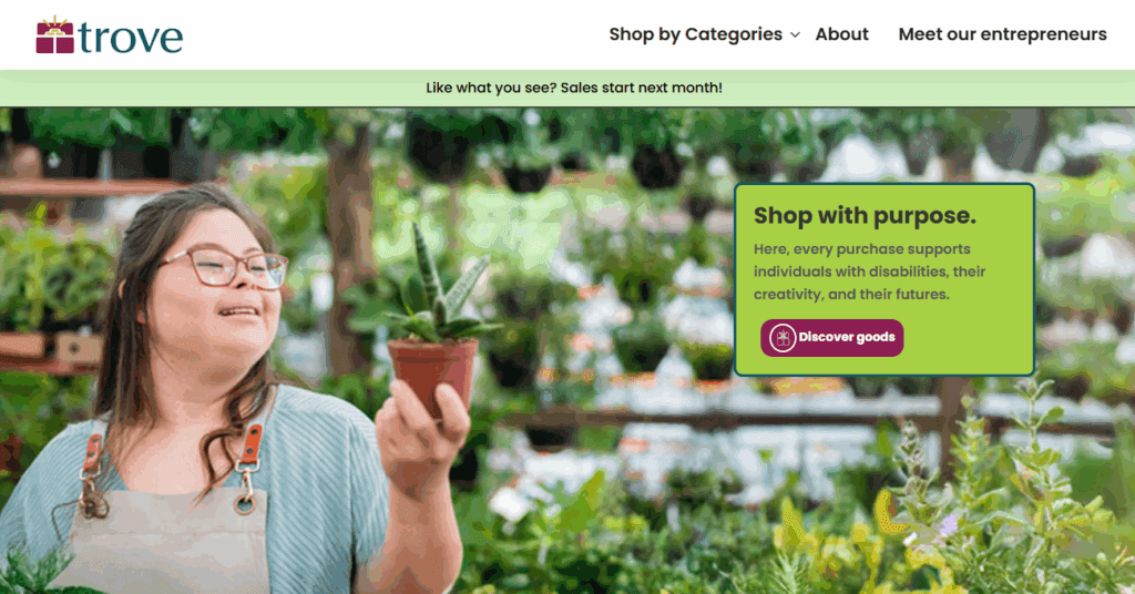 Jayme Powell joins the nation’s first online marketplace exclusively for entrepreneurs with disabilities, Trove Market, as CEO. | Image credit: Trove homepage, Oct. 29, 2025