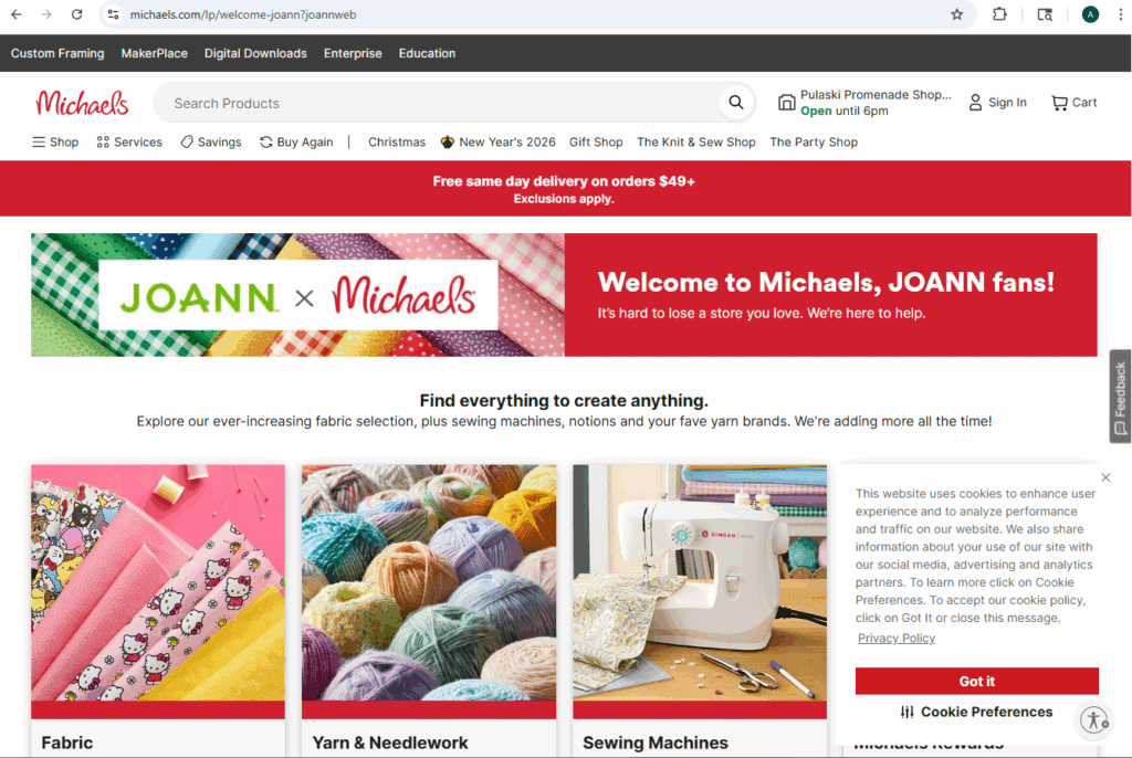 The Michaels website displays a welcome page for Joann, which was one of seven of the leading online retailers in North America to file for bankruptcy in 2025. | Image credit: Michaels website, Dec. 24, 2025